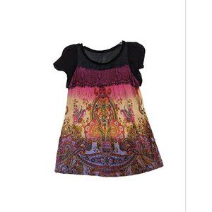 Bila Women's Top Black Lace and Pink Print Design Boho Short Sleeve